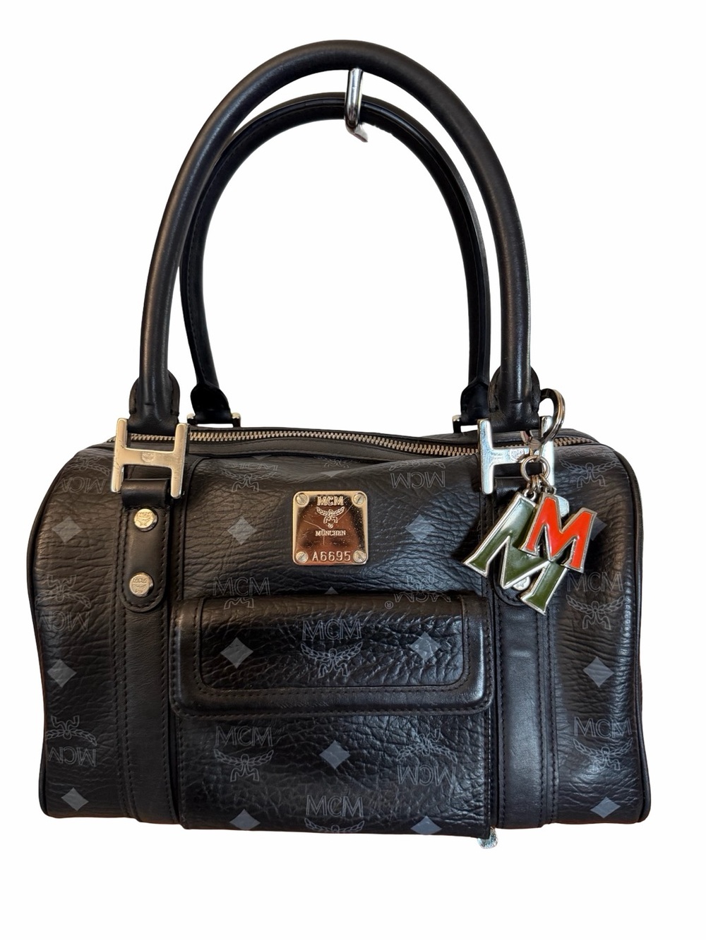 Authentic MCM Black Leather Visetos Satchel with Red and Green M Charm